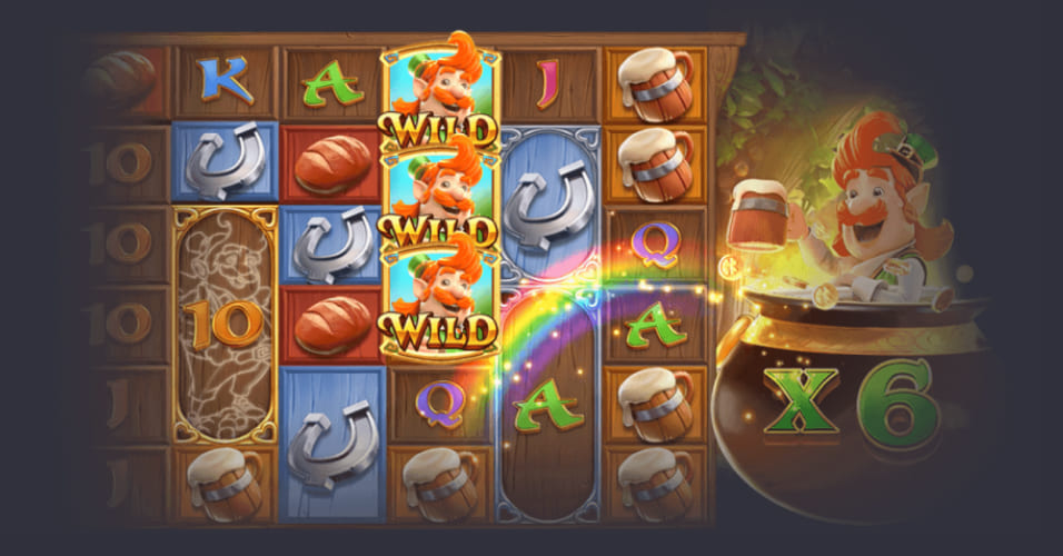 กงล้อหมุนรางวัลและสัญลักษณ์จ่ายเงิน Leprechaun Riches